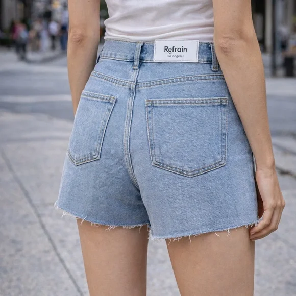 REFRAIN LOS ANGELES Sky Blue Denim High-rise Cut-Off Shorts - Picture 3 of 6